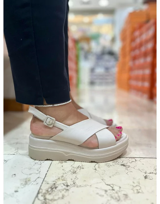 Sandali Donna con zeppa in Pelle Cinzia Soft TD004 Cuoio Nero Bianco