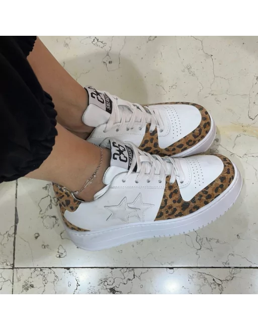 Sneakers Donna Two Stars 3498 White-Leopard