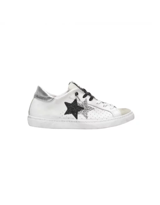 Sneakers Donna Two Stars 2SD4604 Bianco Stella Argento e Nero