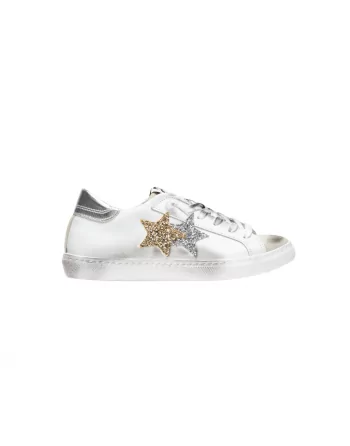 Sneakers Donna Two Stars 2SD2817 Bianco Stella Argento e Oro