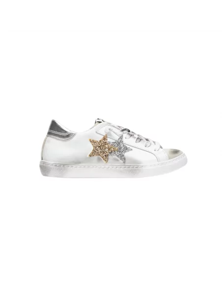 Sneakers Donna Two Stars 2SD2817 Bianco Stella Argento e Oro