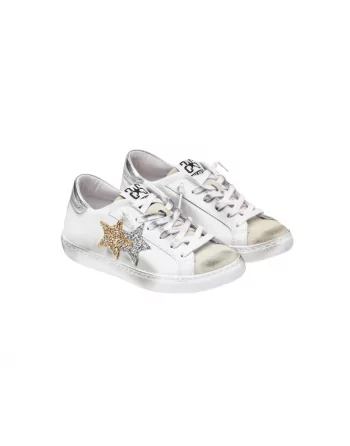 Sneakers Donna Two Stars 2SD2817 Bianco Stella Argento e Oro